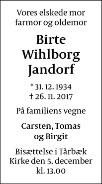 Dødsannoncen for Birte Wihlborg Jandorf - Virum
