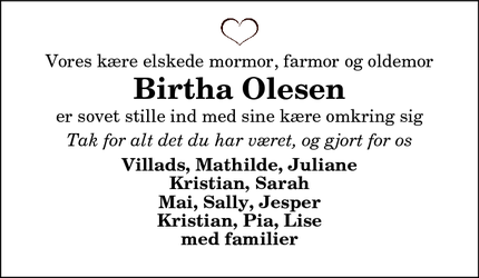 Dødsannoncen for Birtha Olesen - Thisted