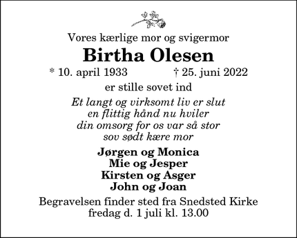 Dødsannoncen for Birtha Olesen - Thisted