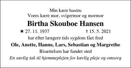 Dødsannoncen for Birtha Skouboe Hansen - Viborg