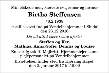 Dødsannoncen for Birtha Steffensen - Hjørring