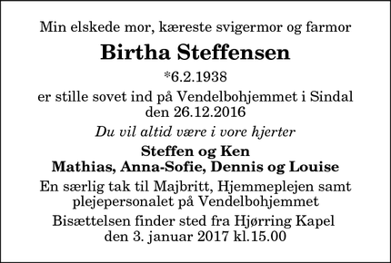 Dødsannoncen for Birtha Steffensen - Hjørring