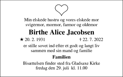 Dødsannoncen for Birthe Alice Jacobsen - Frederiksberg