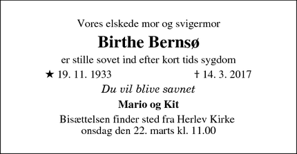 Dødsannoncen for Birthe Bernsø - Herlev