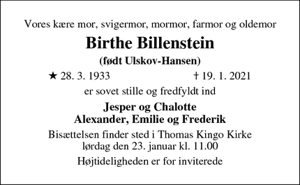 Dødsannoncen for Birthe Billenstein - Odense
