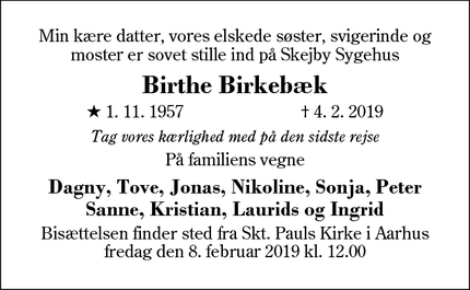 Dødsannoncen for Birthe Birkebæk - Aarhus