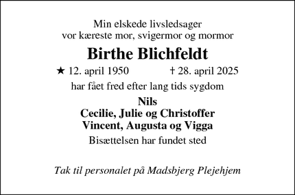 Dødsannoncen for Birthe Blichfeldt - 8270 Højbjerg