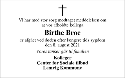 Dødsannoncen for Birthe Broe - Lemvig 