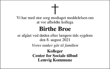 Dødsannoncen for Birthe Broe - Lemvig 