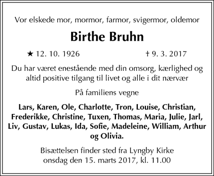 Dødsannoncen for Birthe Bruhn - Lyngby