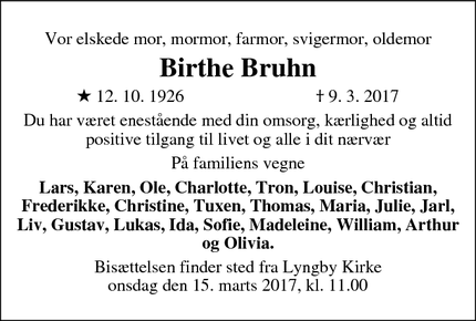 Dødsannoncen for Birthe Bruhn - Lyngby