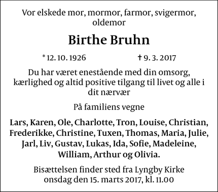 Dødsannoncen for Birthe Bruhn - Lyngby