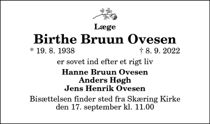 Dødsannoncen for Birthe Bruun Ovesen - Hobro/Århus