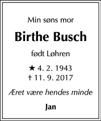 Dødsannoncen for Birthe Busch - København