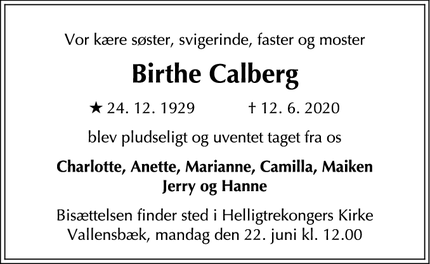 Dødsannoncen for Birthe Calberg - bagsværd