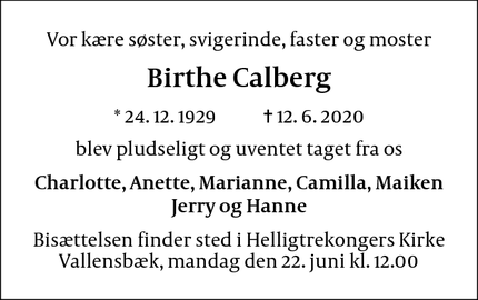 Dødsannoncen for Birthe Calberg - bagsværd