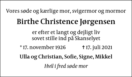 Dødsannoncen for Birthe Christence Jørgensen - Hillerød