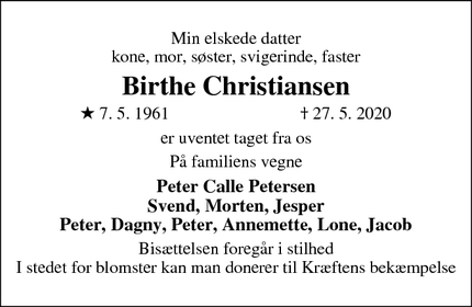 Dødsannoncen for Birthe Christiansen - Frøslev