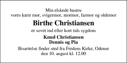 Dødsannoncen for Birthe Christiansen - odense