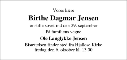 Dødsannoncen for Birthe Dagmar Jensen - odense