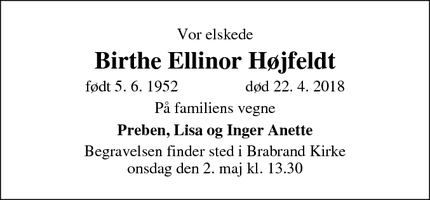 Dødsannoncen for Birthe Ellinor Højfeldt - Aarhus