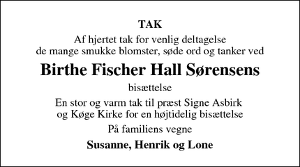 Dødsannoncen for Birthe Fischer Hall Sørensens - Køge