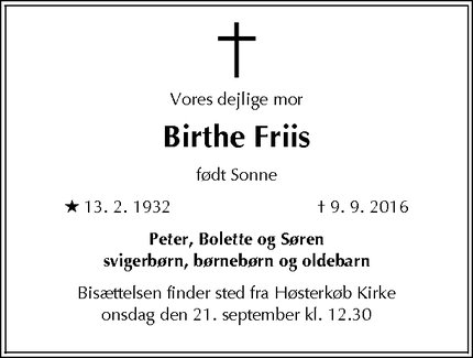 Dødsannoncen for Birthe Friis - Søllerød