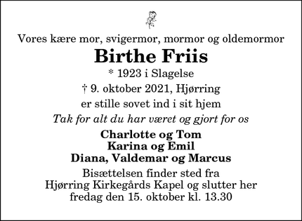 Dødsannoncen for Birthe Friis - Hjørring