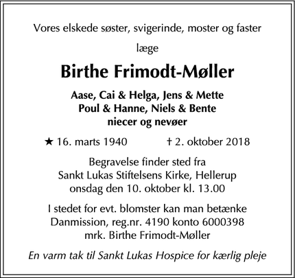 Dødsannoncen for Birthe Frimodt-Møller - Birkerød