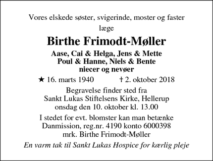 Dødsannoncen for Birthe Frimodt-Møller - Birkerød