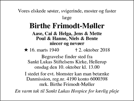 Dødsannoncen for Birthe Frimodt-Møller - Birkerød 