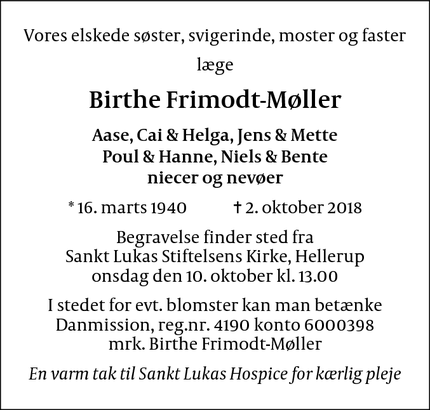 Dødsannoncen for Birthe Frimodt-Møller - Birkerød 