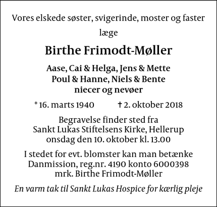 Dødsannoncen for Birthe Frimodt-Møller - Birkerød