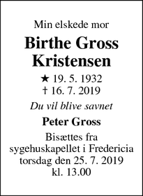 Dødsannoncen for Birthe Gross
Kristensen - København S