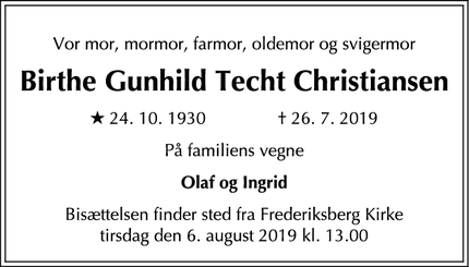 Dødsannoncen for Birthe Gunhild Techt Christiansen - Frederiksberg