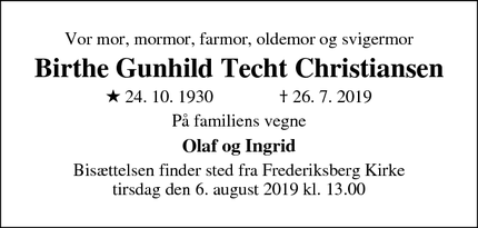 Dødsannoncen for Birthe Gunhild Techt Christiansen - Frederiksberg