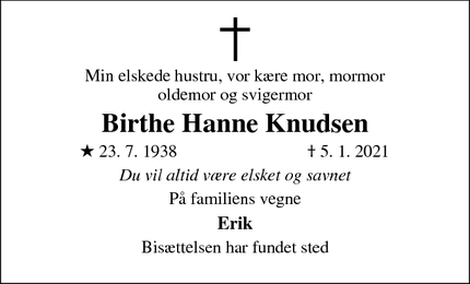 Dødsannoncen for Birthe Hanne Knudsen - Glostrup