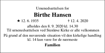 Dødsannoncen for Birthe Hansen - Veksø Sj.