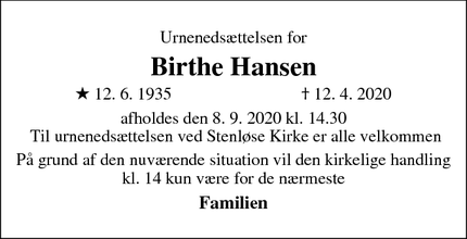 Dødsannoncen for Birthe Hansen - Veksø Sj.