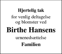 Taksigelsen for Birthe Hansens - Veksoe Sj.