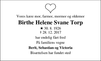 Dødsannoncen for Birthe Helene Svane Torp - Rødovre
