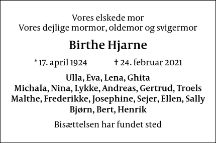 Dødsannoncen for Birthe Hjarne - Humlebæk