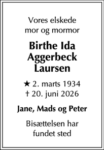 Dødsannoncen for Birthe Ida
Aggerbeck
Laursen - Frederiksberg