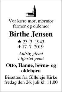 Dødsannoncen for Birthe Jensen - HUNDESTED