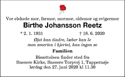 Dødsannoncen for Birthe Johansson Reetz - Glumsø (boede i Nykøbing i mange år)