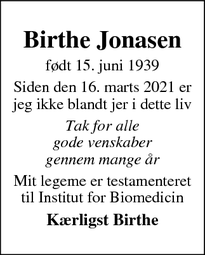 Dødsannoncen for Birthe Jonasen - Aarhus