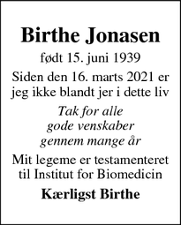 Dødsannoncen for Birthe Jonasen - Aarhus
