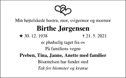 Dødsannoncen for Birthe Jørgensen - Tureby