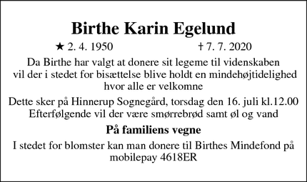 Dødsannoncen for Birthe Karin Egelund - Søften 
