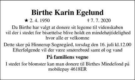 Dødsannoncen for Birthe Karin Egelund - Søften 